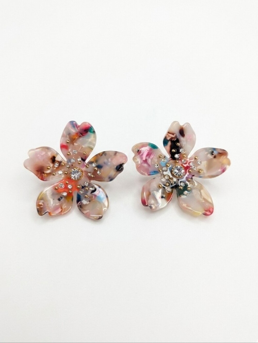 Multicolor Tortoise Resin Floral Stud Earrings with Crystal Center